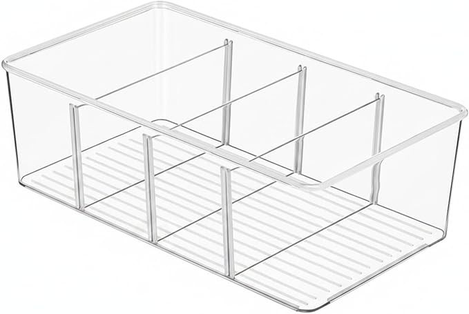 Durable PET Plastic Storage Bin with Lid and Dividers, Clear Organizer Box for Bathroom, Kitchen, and Office Desk, 10.4 x 6.1 x 3.5 Inches