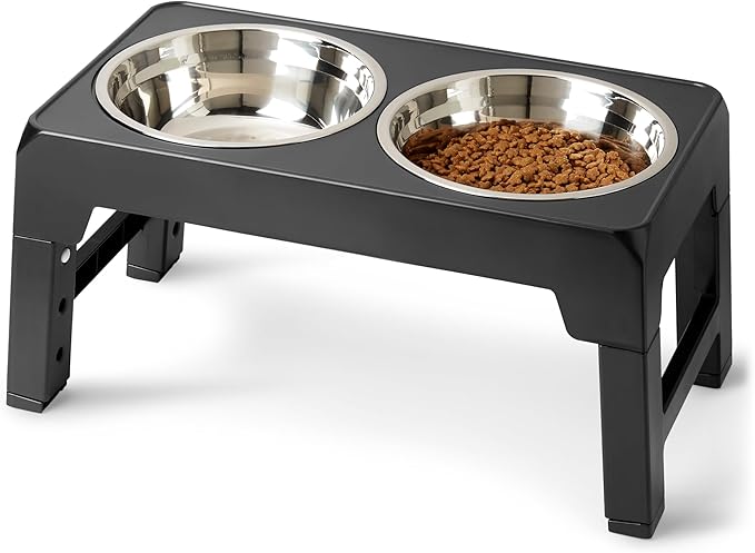 Amazon Basics Elevated Dog Bowls Stand, 5 Height Adjustable Foldable Raised Pet Feeder with Stainless Steel Bowls, Non-Slip Base, 17.3 x 9.4 x 12 in, Black