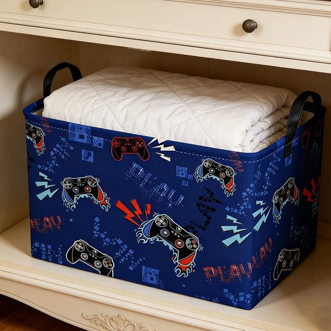 Rectangular Game Basket for Boys,Game Storage Bin,Boy Storage Basket,Collapsible Storage Bin,Gift Organizer, Shelf Baskets,Boy Room Decor(Blue Game)