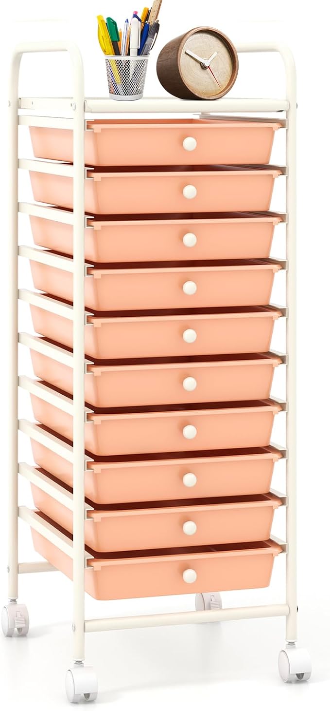 10 Drawer Rolling Storage Cart, Organization Cart on Drawers for Craft Makeup Paper Tool Art Supply, Versatile Utility Cart on Wheels for Home Office Classroom School (Peach)