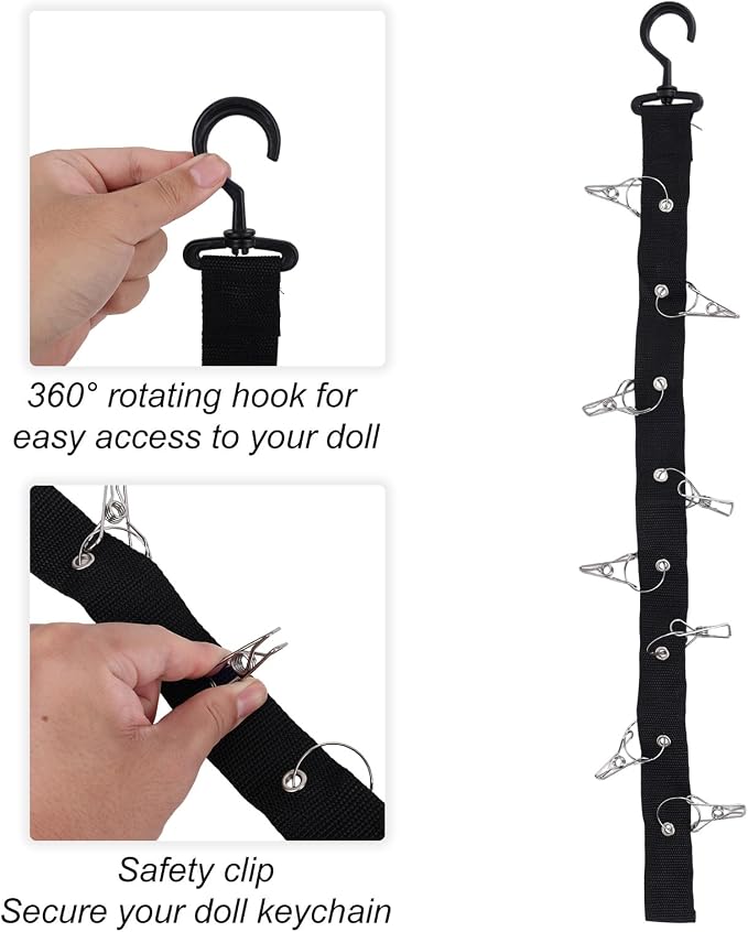 2pcs Stuffed Animal Storage Chain, Plush Toy Hanging Display Strap with 8 Metal Clips Wall & Over Door Organizer Holder for 5.9-6.69in or Hats Scarf Nursery Playroom Decor (Black)