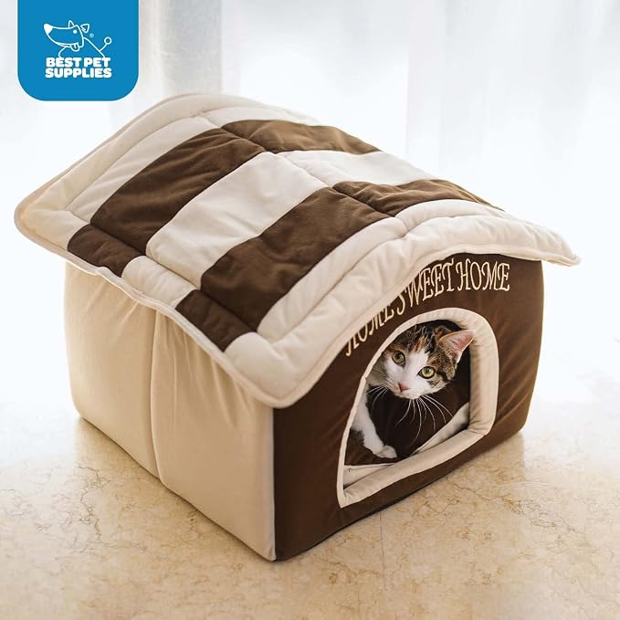 Best Pet Supplies Cat Bed for Indoor Cat, Domed Tent House with Removable Pillow, Covered Cat Cave for Small Dog, Puppies and All Breeds of Cats - Light Brown w/ Bones, 16 x 16 x H:14"