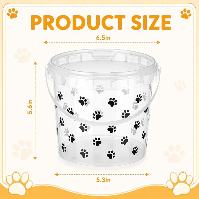 6 Pack 64 oz Clear Dog Snack Container with Handle Plastic | Paw themed Print, Round, Anti Drop, Stackable Storage Buckets with Lid, Pet Food Bins for Dog Kibble, Cat Snacks, Pantry