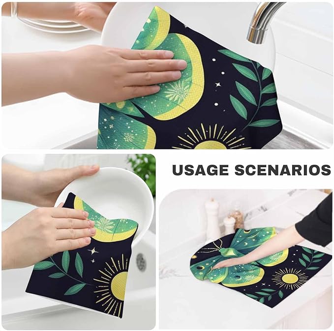 Green Moon Moth Kitchen Towels Set of 2 Mystical Magical Astrology Butterfly Boho Celestial Dish Towels Absorbent Soft Hand Tea Bar Towels for Farmhouse Home Decor 16"X24"
