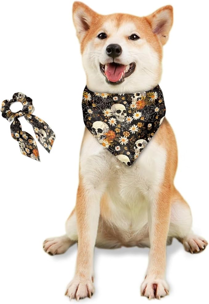 COEQINE Adult Costume with Pet Bandanas Large Dog Accessories Gothic Skull Beige Daisy Hair Tie Organizer Non Slip Fashion Christmas Birthday Party Cosplay