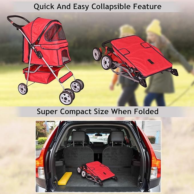 Dog Stroller Pet Stroller Cat Strollers Jogger Foldable Travel Carrier 35Lbs Capacity Doggie Cage Durable 4 Wheels Strolling Cart with Cup Holders and Removable Liner for Small-Medium Dog, Cat - Red