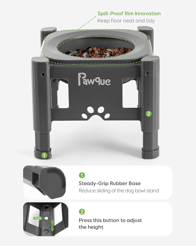 Pawque 35oz Elevated Slow Feeder Dog Food Bowls with Adjustable Stand | 3 Heights (6.1", 7.7", 9.3"), Raised Dog Bowls for Medium and Small Breed Dogs Cats, Non Slip Rubber & Mess Proof