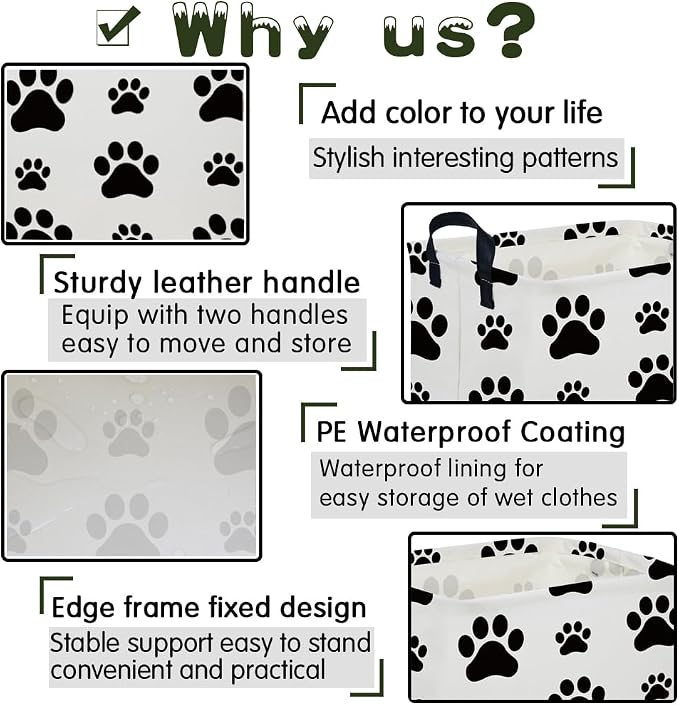 Rectangular Dog Basket,Nursery Hamper,Collapsible canvas kids toy storage box,Kids room storage basket,Pet decor(Dog paw)