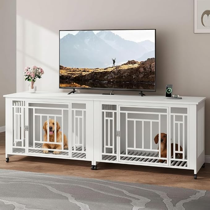 DWVO 76" Double Dog Crate Furniture for 2 Large Medium Dogs Chew-Resistant | Heavy Duty Dog Kennel Indoor TV Stand with Wheels, Decorative Wooden Dogs Cage Table with Removable Tray, White