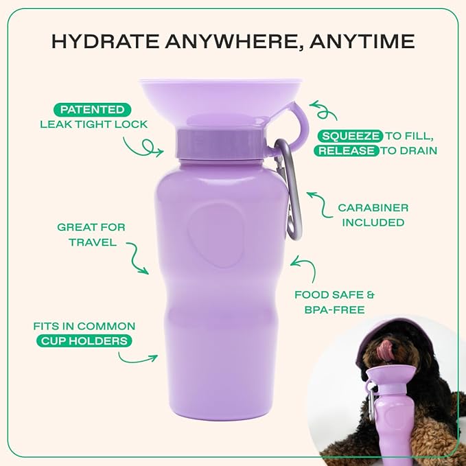 Springer Dog Water Bottle | Portable Travel Drinking Feeder Dispenser for Dogs & Puppies | As Seen on Shark Tank | Leak-Proof Bowl | BPA-Free | Outdoor Walking, Hiking & Travel | 22oz Lilac