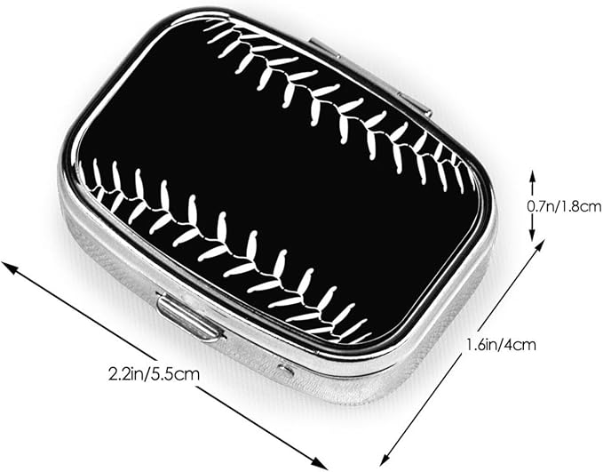 Pill Case Black Baseball Sport Softball American Pill Box with Mirror 2 Compartment Small Pill Case for Purse or Pocket Rectangular Pill Box or Vitamins, Fish Oil, Supplements