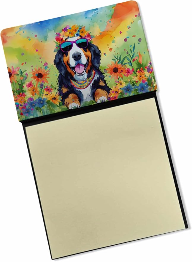 Caroline's Treasures Bernese Mountain Dog Hippie Dawg Sticky Note Holder Refillable Dispenser Self-Sticky Note Pads, Memo Pads Blank Desk Accessories