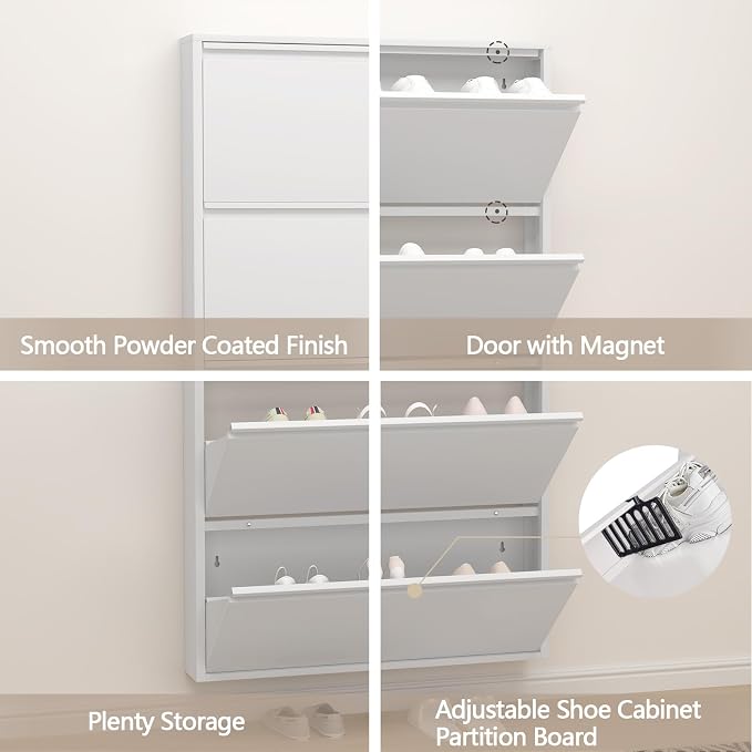 GREATMEET Shoe Rack for Closet, 6 Inch Slim Wall Mounted Shoe Cabinet, Narrow White Hidden Metal Shoe Storage with 4 Flip Drawers, Tall 57 Inch Steel Organizer Rack for Entryway Hallway Small Spaces