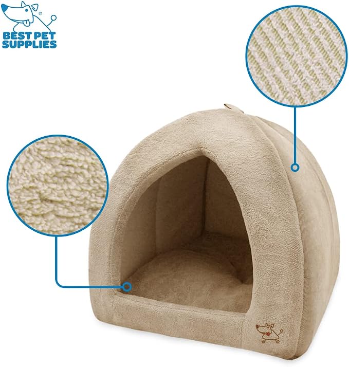 Best Pet Supplies Cat Bed for Indoor Cat, Domed Tent House with Removable Pillow, Covered Cat Cave for Small Dog, Puppies and All Breeds of Cats - Tan, 19 x 19 x H:19"
