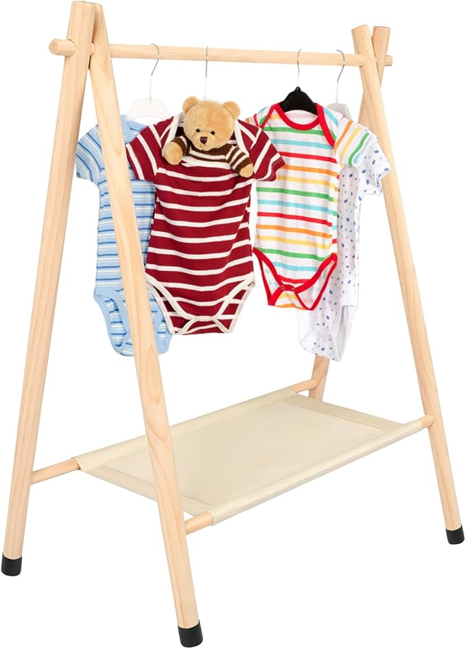 Queekay Baby Clothing Rack for Baby Shower Toddlers Wooden Kids Dress up Rack with Storage Shelf for Toddler Dogs Pets Small Clothes Kids Garment Closet(28.7" h,Natural)