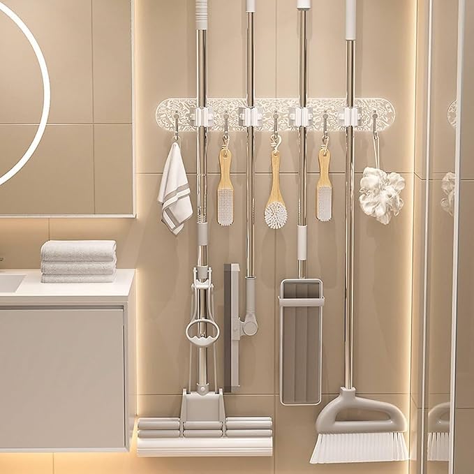 Wall Mount Mop Holder, Broom Storage Rack with Adjustable Rolling Balls, PET ABS Silicone Tool Organizer for Kitchen Garage Bathroom Closet Office(L)