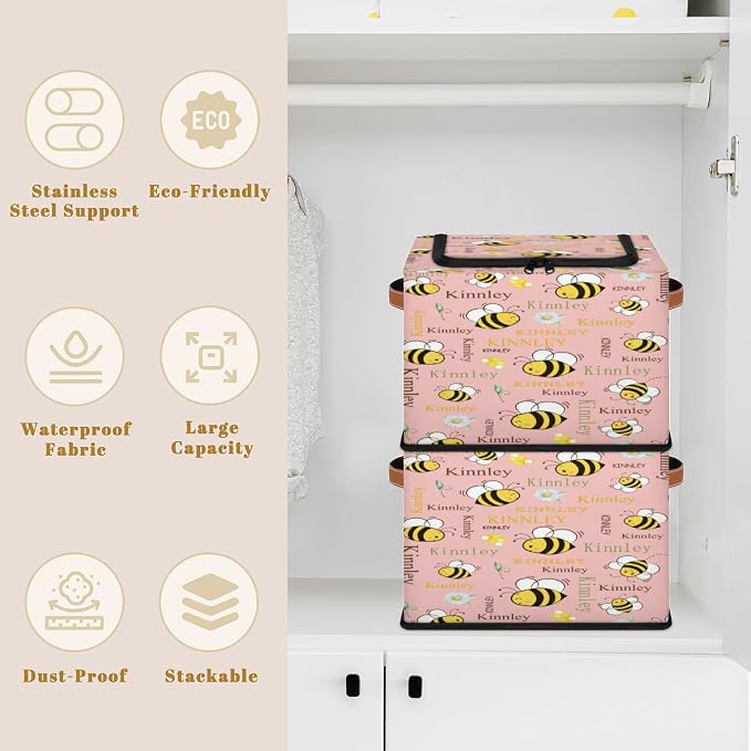 Custom Black Rectangular Baby Storage Basket with Zipper Lid, Kids Toys Bin, Books Shelf Basket, Clothes Towel Storage Bin for Nursery, Gift Basket, Coral Pink, Cartton Bee with Floral