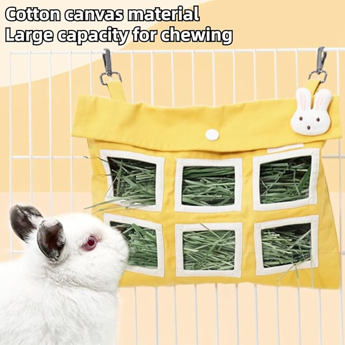 Rabbit Hay Feeder Bag with Cute Pendant, Storage Guinea Pig Feeder Rack Bag, Large Capacity Cotton Canvas Hanging Bag for Bunnies Chinchillas Guinea Pigs (Green,S)