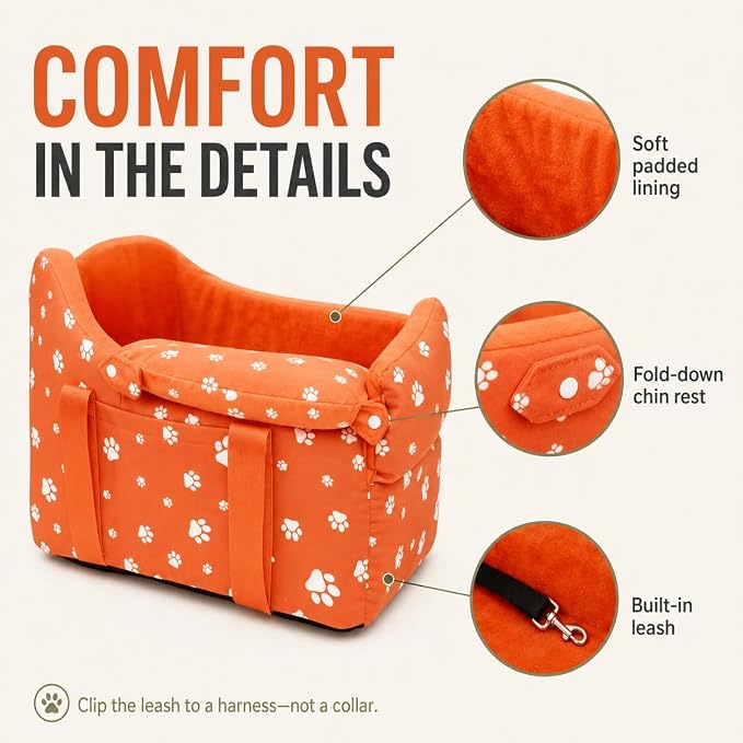 Dog Car Seat for Small Dogs 5-15 lbs, Tomato Red | Center Console Puppy Booster and Portable Travel Bed, Anti-Collapse Design with Washable Fluffy Cushion