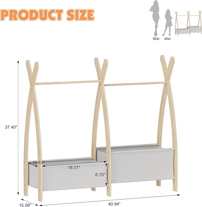 Kids Clothing Rack Dress Up Storage Closet for Girls Baby Garment Wardrobe Toddler Costume Closet with Double Hanging Rod Wood 2 Tier Bottom Storage Shelves (Double Row with Two Storage Boxes)