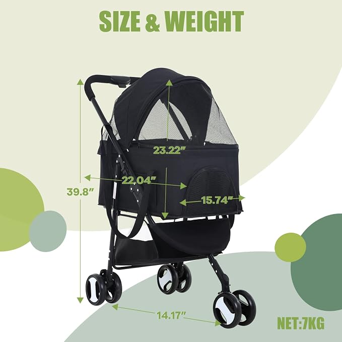 Dog Stroller Cat Stroller Pet stoller 3-in-1 Folding Dog Stroller for Small Medium Dogs Cats with Detachable Carrier Storage Basket Waterproof Lightweight for Travel,Black