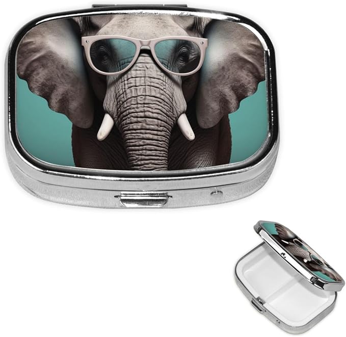 Square Pill Box Elephant with Glasses Pill Case for Purse & Pocket 3 Compartment Pill Organizer Portable Travel Pillbox Medicine Pill Holder Container for Daily Vitamin Cod Liver Oil Storage