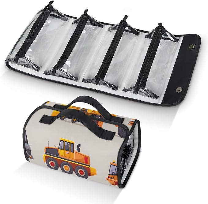 Car Makeup Bag for Women Hanging Roll-Up Travel Organizer Toiletry Kit with 4 Removable Compartments, Truck