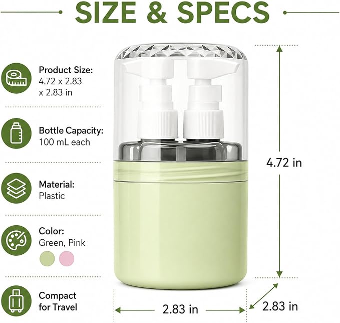 2-in-1 Travel Dispenser with 2 x 100 mL Bottles, Green | 2 refillable 100 mL bottles, pump , included label stickers, compact design for toiletries, travel, gym