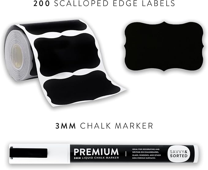 200 Chalkboard Labels for Containers - Waterproof Black Jar Labels with Chalk Markers, Reusable Chalk Stickers Kitchen Pantry Containers and Storage Bin Organization