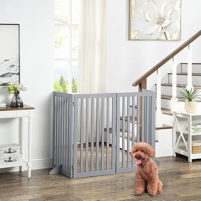 unipaws 36”H Free Standing Pet Gate for Dog Cat, 80”Wide Wooden Dog Gates | Foldable Pet Fence for Doorway, Stairs, Step, Expandable Doggy Barrier, Indoor Use