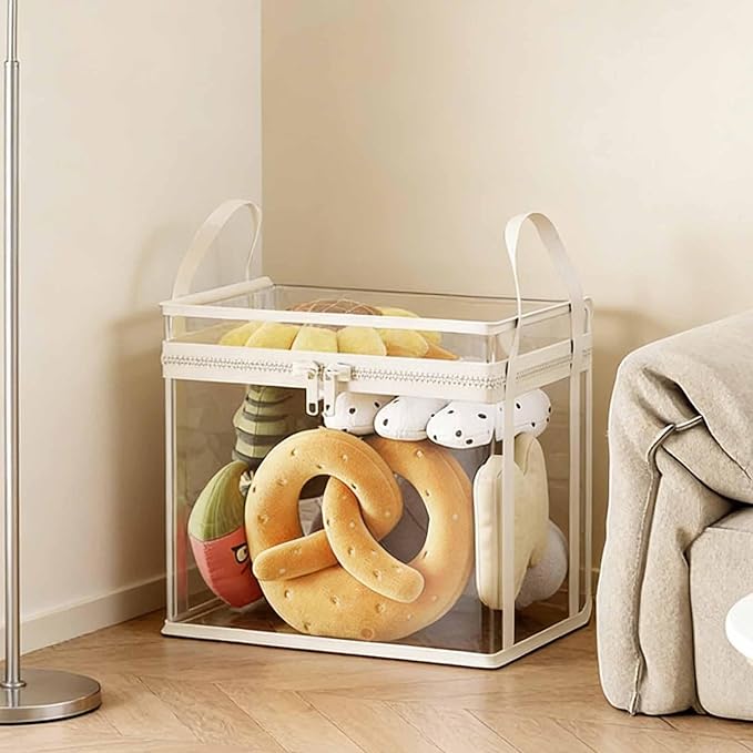Stuffed Animal Storage Bag Travel Case Portable Dustproof Doll Bin Toy Organizer Box for Puzzles Board Games Christmas, Cream White