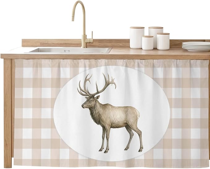 Majestic Buck Cabinet Curtains 28"x51" Sink Skirt for Bathroom Kitchen, Modern Natural Buck Rustic Farmhouse Plaid Self Stick Adhesive Under Desk Covers Tall Laundry Cabinet Storage Organizer