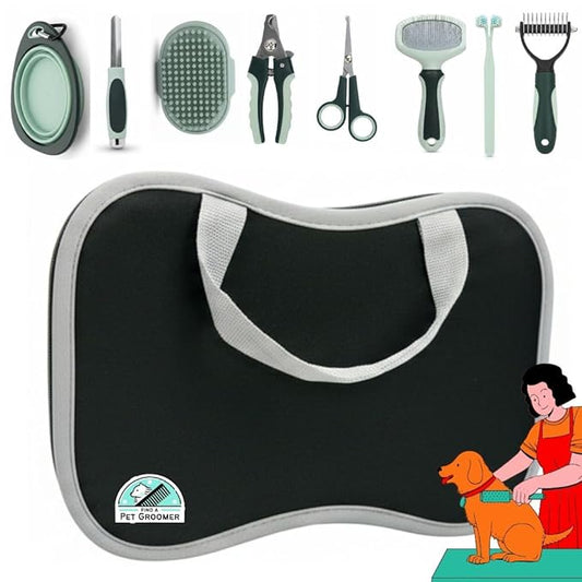 PetsBuzz 8 in 1 Pet Grooming Kit Brush, Cat Dog Grooming Kits at Home, Nail Clipper and File, Self Cleaning Deshedding Pet Brush,Undercoat Rake Detangler, Toothbrush, Collapsible dog Bowl