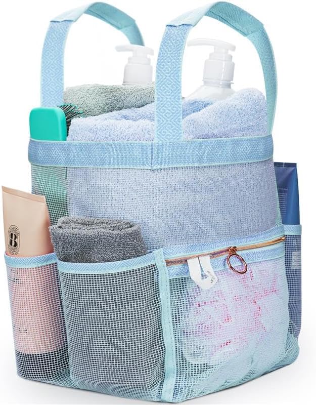 Mesh Shower Caddy Dorm, 7 Pockets & 1 with Zipper, Shower Tote with Padded Handles, Travel Portable, Shower Caddy College Room Essentials, Bathroom Shower Bag (Blue)