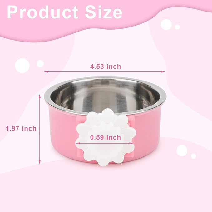 Crate Dog Bowl,Removable Stainless Steel Kennel Water Hanging Food & Water Feeder Crate Water Bowl No Spill for Puppy,Cat,Rabbit,Guinea Pig (Pink)