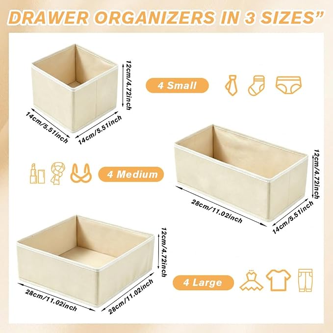 Drawer Organizer Clothes Storage - 12 Pack Dresser Organizer for Bedroom, Foldable Closet Drawer Organizer Bins for Bedroom Organization, Fabric Storage Dividers for Socks, Underwears, Bras
