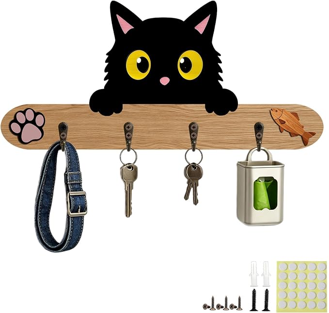 3D DIY Wood Dog Leash Holder Wall Decoration, Cute Cat Design Wall Mount Hanger Organizer with 4 Hooks for Hallway, Door, RV, Apartment, Keys, Bags, Harness, Collars, Clothes, Home Improvement