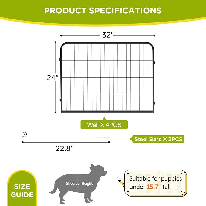 BestPet | Dog Playpen Extender | 24", 4 Panels | Expandable Design | Heavy Duty Metal Pet Exercise Pen | Indoor/Outdoor Fence Panels | Anti-Skid, Rust-Resistant, Removable and Tool-Free Setup