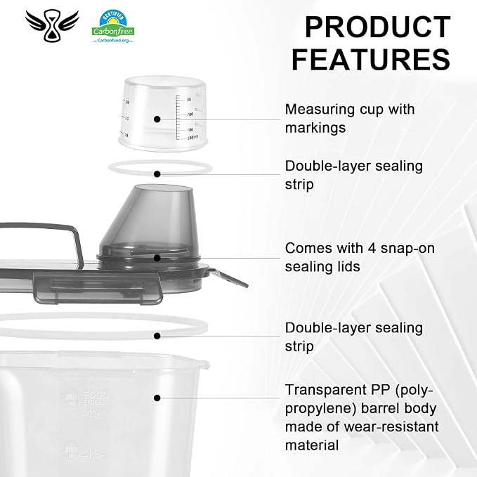 LEAWALK 3-5Lbs Airtight Small Cat Dog Pet Food Storage Containers BPA Free, with Large Pour Spout/1 Measuring Cup/ 4 Safety Locks and Double-layer Silicone Strip (Clear Black 2Pack)