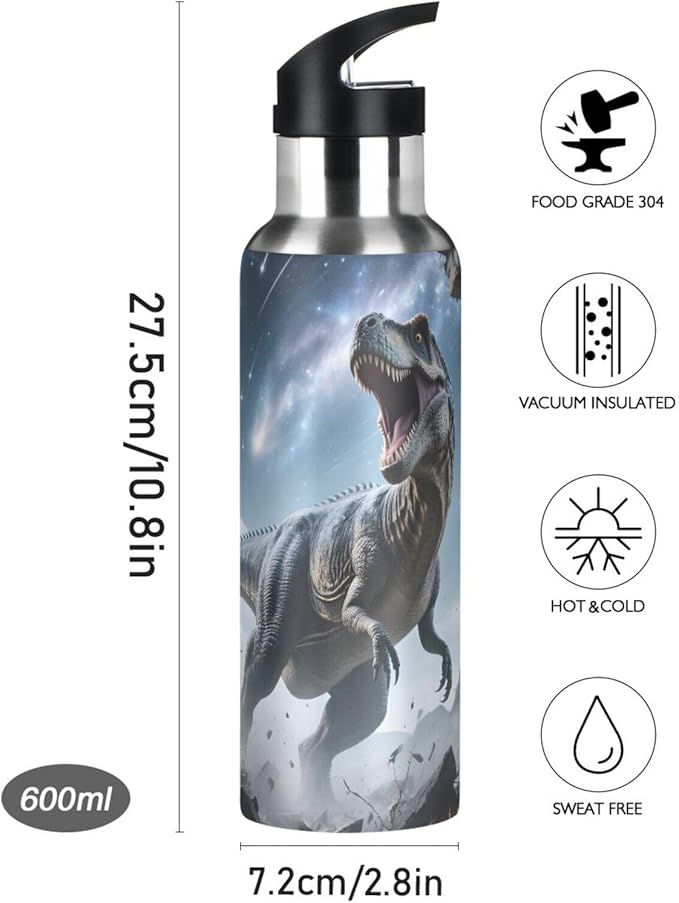 Dinosaur Galaxy Track Wall Water Bottle with Straw Lid Kids Insulated Stainless Steel Water Flask Sports, 20 Oz Hot Cold