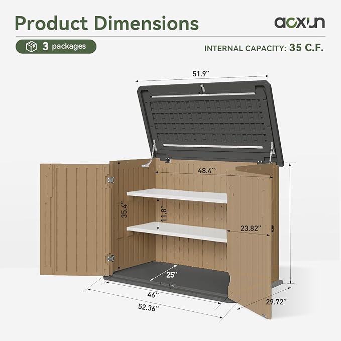 Aoxun Outdoor Storage Cabinet 35 Cu.Ft 2 Shelves, Brown | Outdoor Trash Can Storage Shed Waterproof Horizontal Storage Shed Outdoor Storage for Garbage Bin, Generator