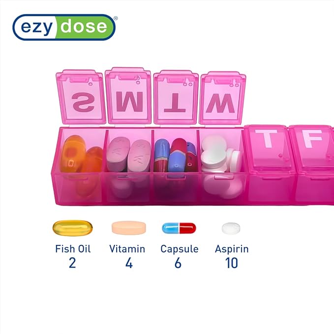Ezy Dose Weekly (7-Day) Pill Organizer, Medium Planner, Pink, BPA-Free | Compact Daily Vitamin & Supplement Medicine Case, Pop Up Compartments, Convenient and Easy to Use, Travel-Friendly, BPA-Free