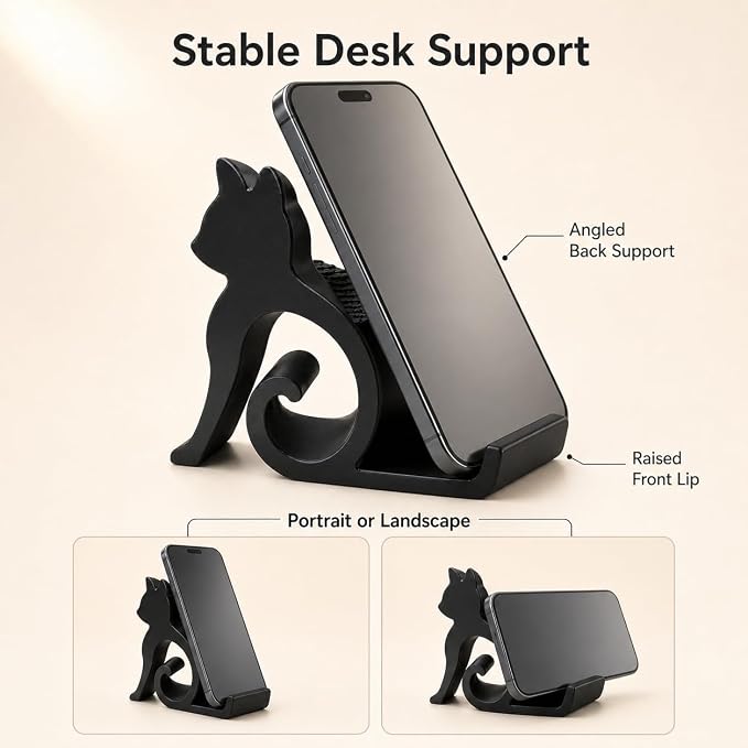 Phone Stand, Black Cat Desktop Cell Phone Holder Mount Decor | Handsfree Kitten Shaped Phone Mount, Desktop Halloween Decor Gift for Pet Lovers, Office Bedside Table Use