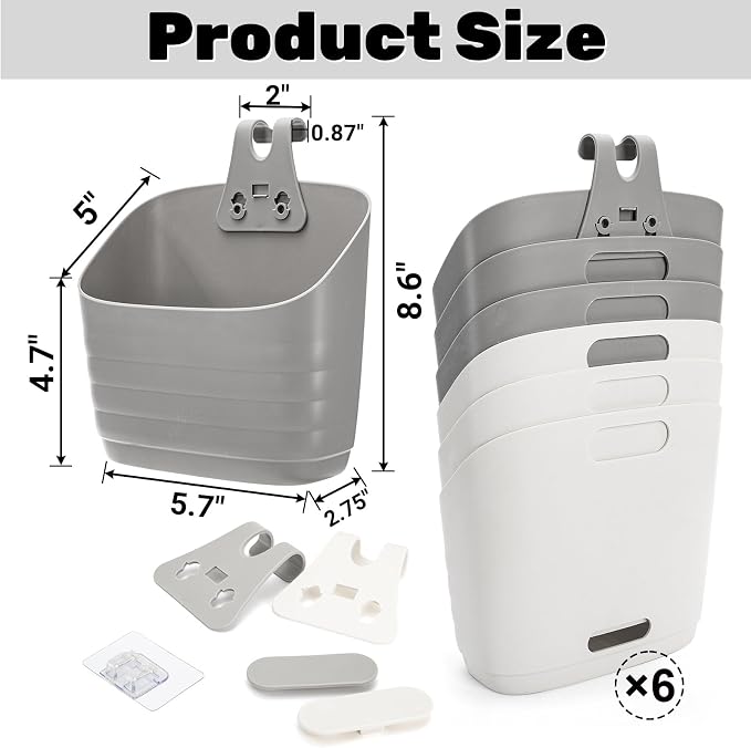 Noamus 6 Pack Plastic Hanging Basket for Kitchen, Over Cabinet Door Organizer with Removable Hook, Stackable Wall Mounted Storage Shower Caddy, No Drilling Shelf Bins for Food Bathroom Pantry Closet