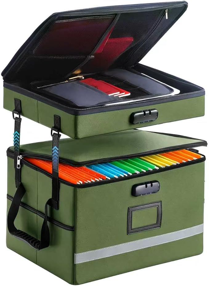 EXLIFBAG 2 Layer File Box with Lock, Portable Document Organizer Box with Handle, Fireproof File Box for Home Office, Legal File Organizer Storage
