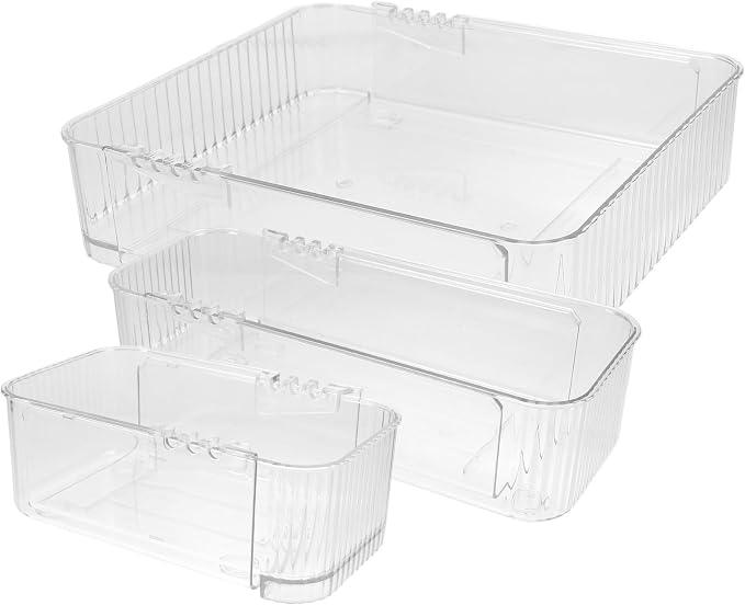 Garneck 3pcs Expandable Clear Drawer Organizer Pet Storage Trays with Dividers for Kitchen Cutlery Office Cosmetics Jewelry Space-saving Transparent Storage Bins with Rounded Corners