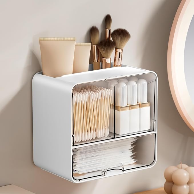 Acrylic Wall Mount Organizer, Wall Mounted Tampon and Pad Holder for Bathroom, No Drilling Feminine Hygiene Organizer with Lid and Drawer for Bathroom Cotton Swabs, Balls, Pads, Floss Picks