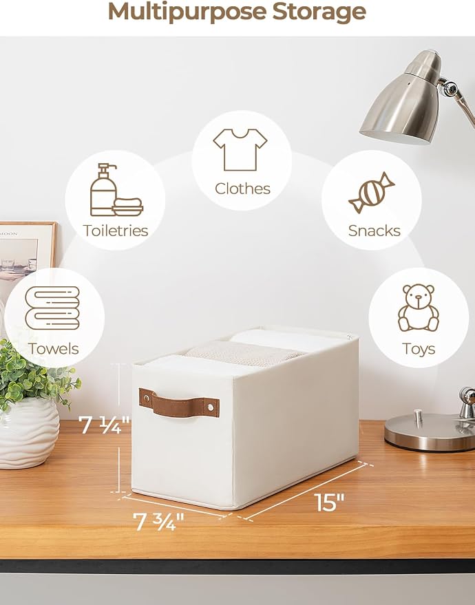 StorageWorks Narrow Storage Bins, Long Baskets, Beige, 2-Pack | With Metal Frame, Sturdy Structure, PU Handles, Toilet Paper Storage, Small Storage Bins, For Bathroom, Closet, Shelf
