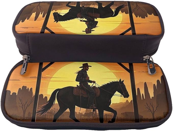 Leather Pen Case with Zipper - Aesthetic Pen Holder Cowboy Riding Ranch Desert Pencil Case for Women & Men - Handcrafted Pencil Bag Multi-Functional Travel Cosmetic Case for Work Office Tool Pouch