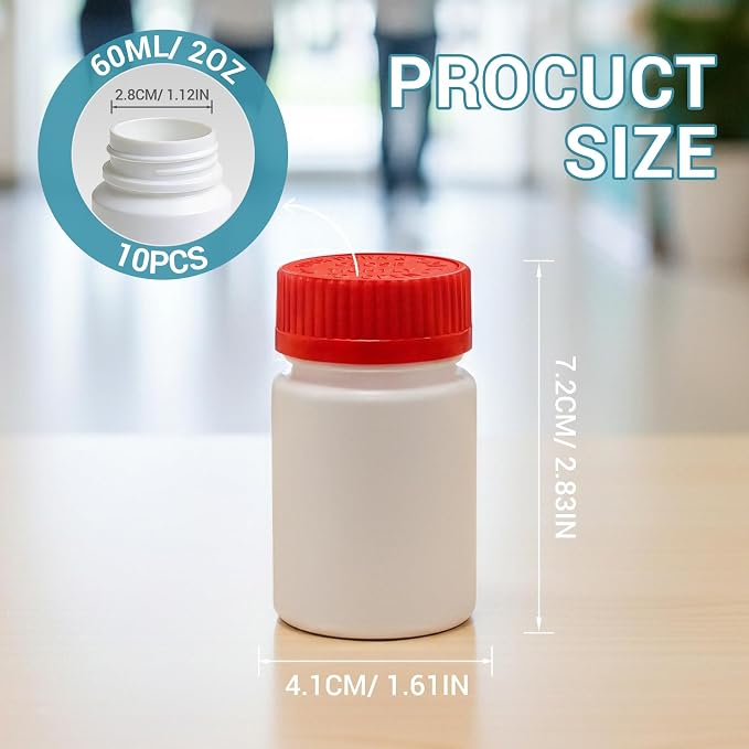 10 Pack 2oz Travel Pill Bottles - White Food Grade Plastic with Screw Caps & Labels, Small Pill Organizer for Pills, Vitamins, Capsules